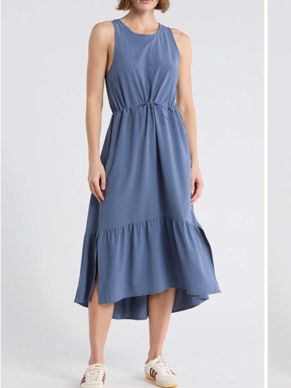 NWT Zella Sleeveless High-Low Midi Dress with Drawstring Waist in Slate Blue S